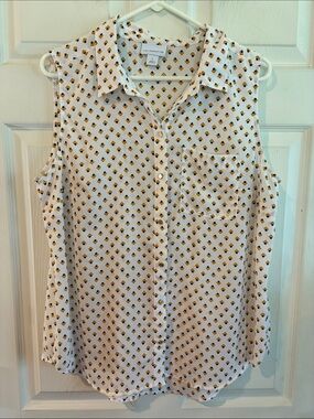 LIZ CLAIBORNE  Size Large White Sleeveless Geometric-Print Button Blouse